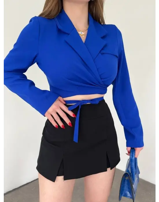 Sırt Dekolteli Beli Bağcıklı Crop Ceket Saks