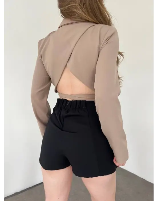 Sırt Dekolteli Beli Bağcıklı Crop Ceket -Vizon