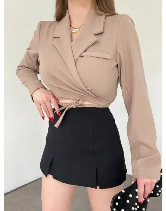 Sırt Dekolteli Beli Bağcıklı Crop Ceket -Vizon