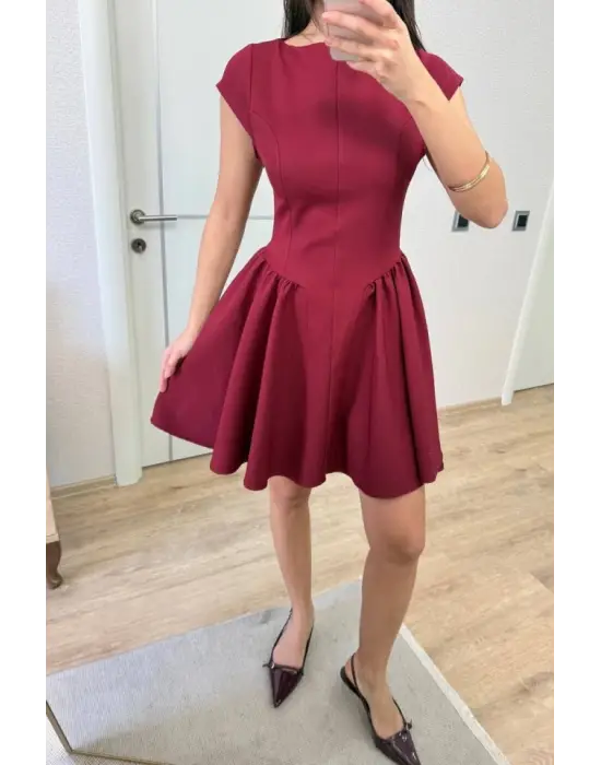 Sırt Dekolteli Çan Detaylı Mini Elbise - Bordo