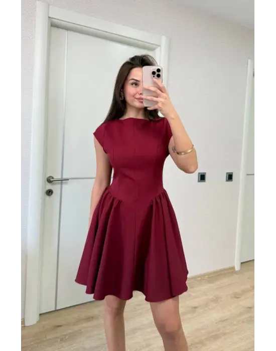 Sırt Dekolteli Çan Detaylı Mini Elbise - Bordo