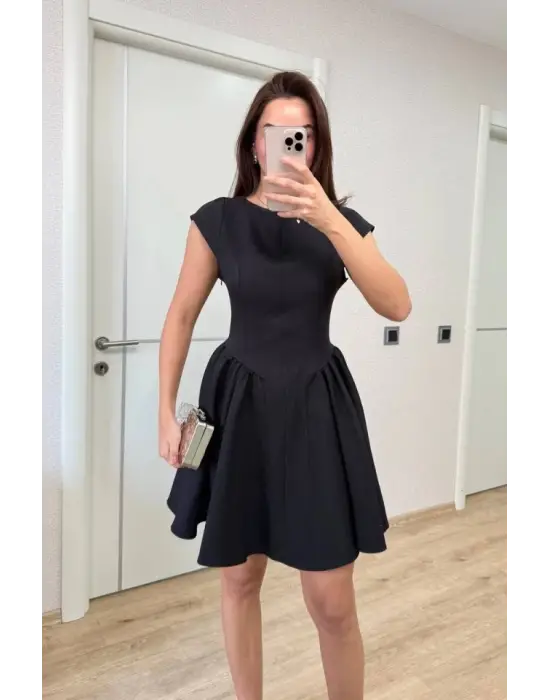 Sırt Dekolteli Çan Detaylı Mini Elbise - Siyah