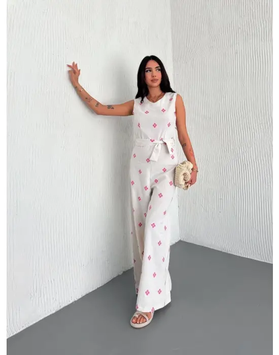 Omarı Beyaz Tulum Sırt Dekolteli Keten Tulum