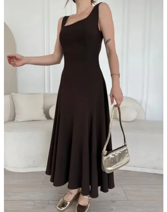 Sırt Dekolteli Kolsuz Uzun Elbise - Kahverengi