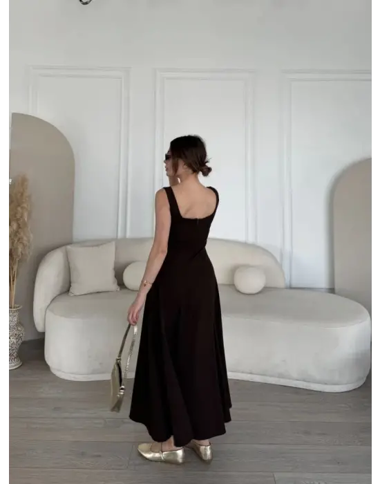 Sırt Dekolteli Kolsuz Uzun Elbise - Kahverengi