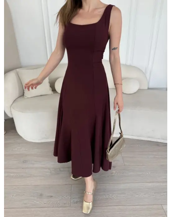 Sırt Dekolteli Kolsuz Uzun Elbise - Mürdüm