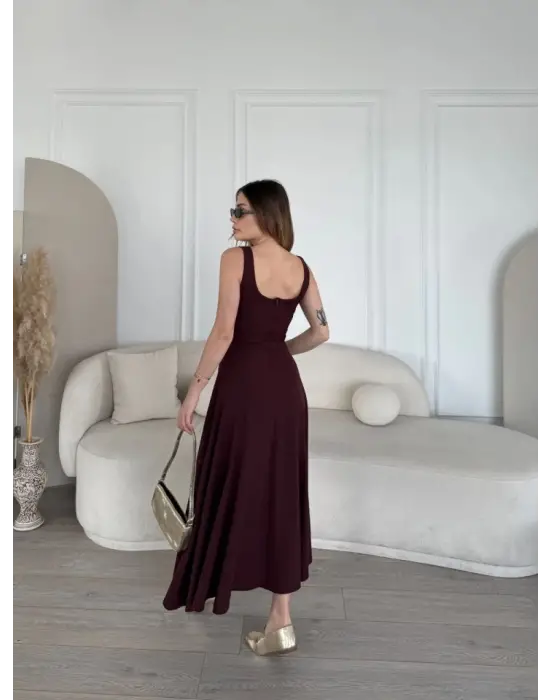 Sırt Dekolteli Kolsuz Uzun Elbise - Mürdüm