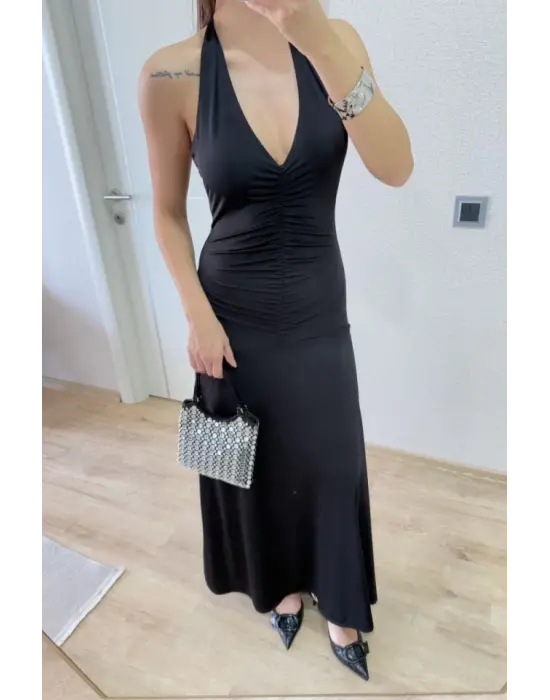 Sırt Dekolteli Uzun Kollu Elbise - Siyah