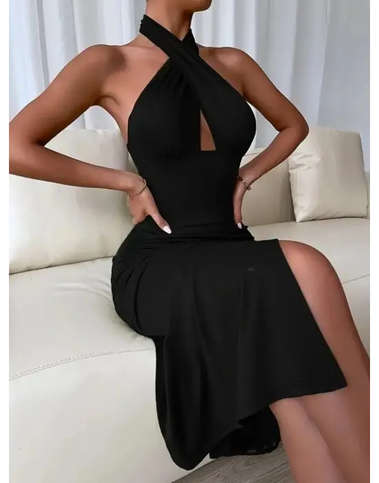 Omarı Sırt Dekolteli Çapraz Yakalı Midi Elbise