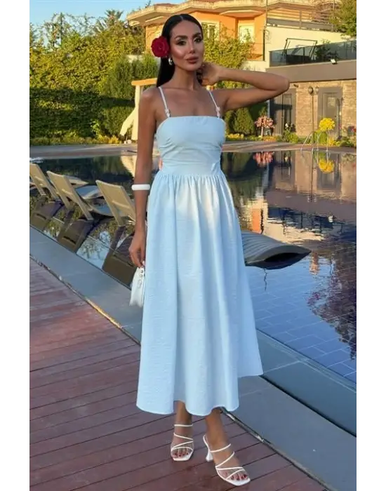 Sırtı Çapraz İpli Boncuk Detaylı Elbise 2902-08