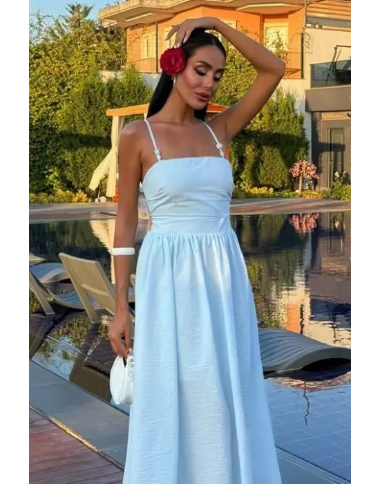 Sırtı Çapraz İpli Boncuk Detaylı Elbise 2902-08