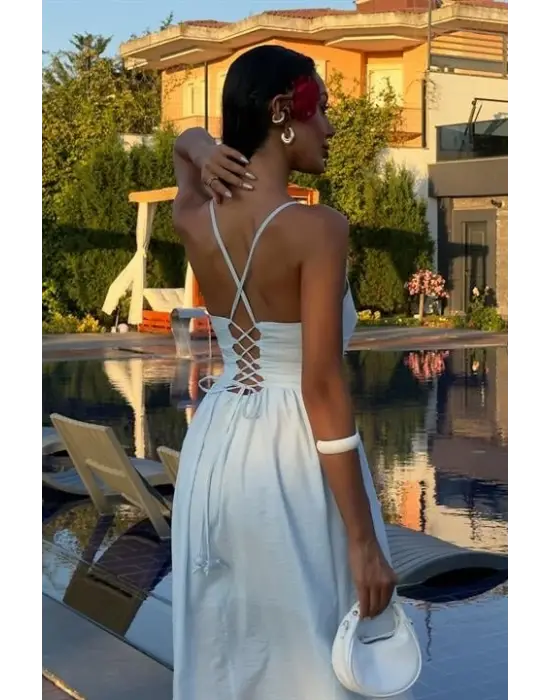 Sırtı Çapraz İpli Boncuk Detaylı Elbise 2902-08