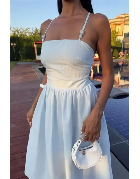 Sırtı Çapraz İpli Boncuk Detaylı Elbise 2902-08