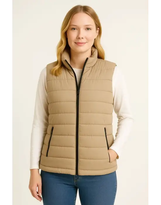 Bej Şişme Fermuarlı Yelek Su İtici Kapitone
