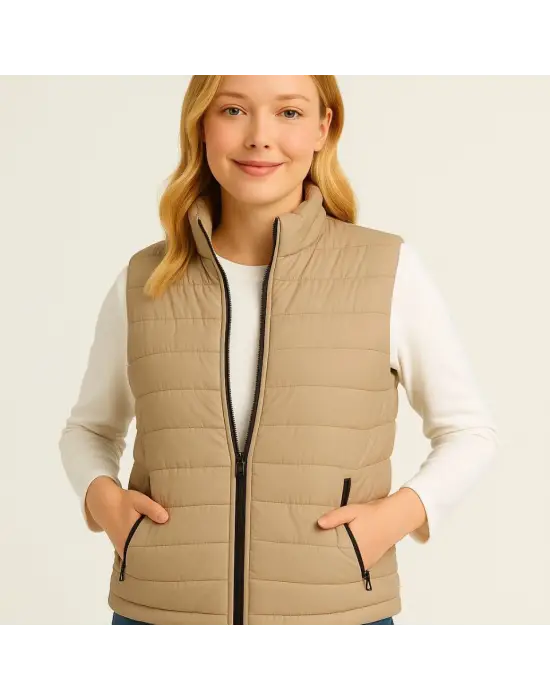 Bej Şişme Fermuarlı Yelek Su İtici Kapitone