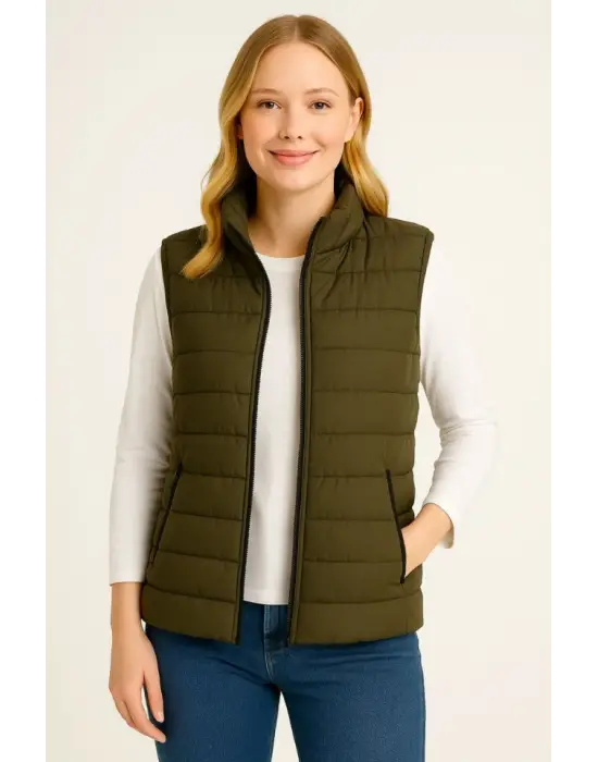 Şişme Fermuarlı Yelek Su Itici Kapitone Astarlı Kumaş Cepli Hafif Kışlık Spor Rahat Kalıp - Haki