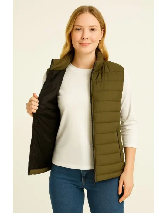 Şişme Fermuarlı Yelek Su Itici Kapitone Astarlı Kumaş Cepli Hafif Kışlık Spor Rahat Kalıp - Haki