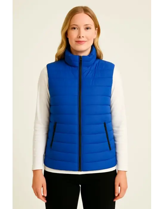 Şişme Fermuarlı Yelek Su Itici Kapitone Astarlı Kumaş Cepli Hafif Kışlık Spor Rahat Kalıp - Saks Mavisi