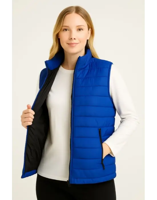 Şişme Fermuarlı Yelek Su Itici Kapitone Astarlı Kumaş Cepli Hafif Kışlık Spor Rahat Kalıp - Saks Mavisi