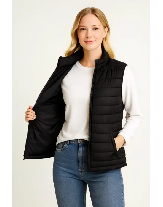 Şişme Fermuarlı Yelek Su Itici Kapitone Astarlı Kumaş Cepli Hafif Kışlık Spor Rahat Kalıp - Siyah