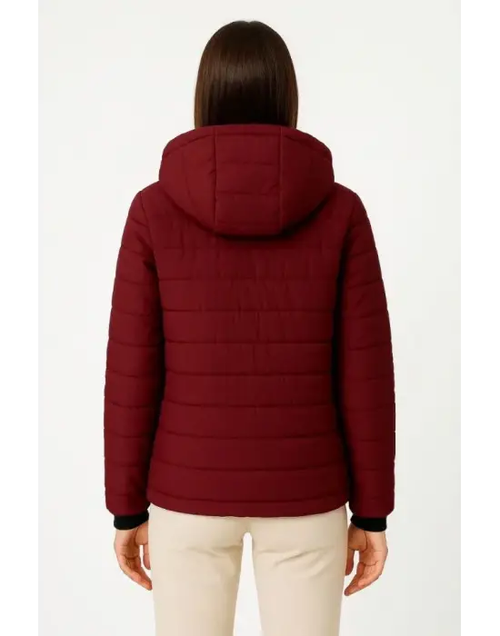 Şişme Kapüşonlu Fermuarlı Mont Su Itici Kapitone Astarlı Kumaş Cepli Kışlık Rahat Kalıp - Bordo