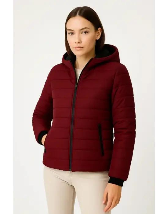 Şişme Kapüşonlu Fermuarlı Mont Su Itici Kapitone Astarlı Kumaş Cepli Kışlık Rahat Kalıp - Bordo