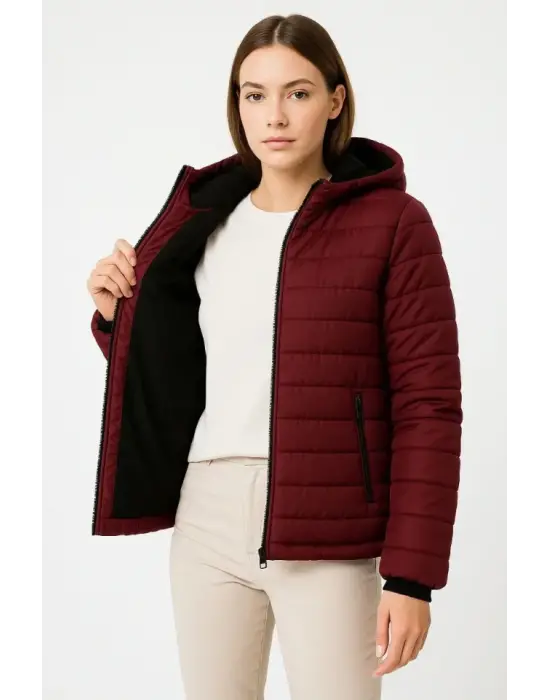Şişme Kapüşonlu Fermuarlı Mont Su Itici Kapitone Astarlı Kumaş Cepli Kışlık Rahat Kalıp - Bordo