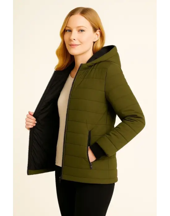 Şişme Kapüşonlu Fermuarlı Mont Su Itici Kapitone Astarlı Kumaş Cepli Kışlık Rahat Kalıp - Haki