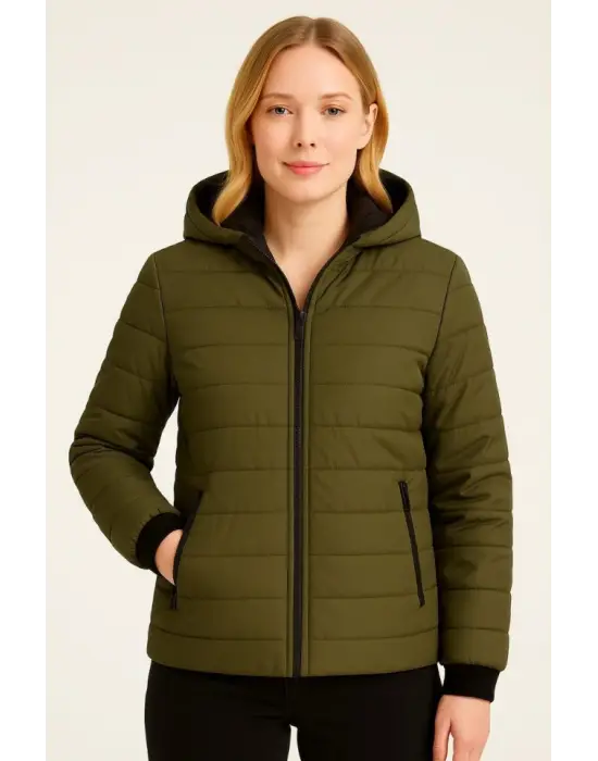 Şişme Kapüşonlu Fermuarlı Mont Su Itici Kapitone Astarlı Kumaş Cepli Kışlık Rahat Kalıp - Haki