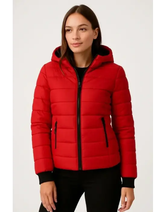 Kırmızı Şişme Kapüşonlu Fermuarlı Mont Kadın Giyim