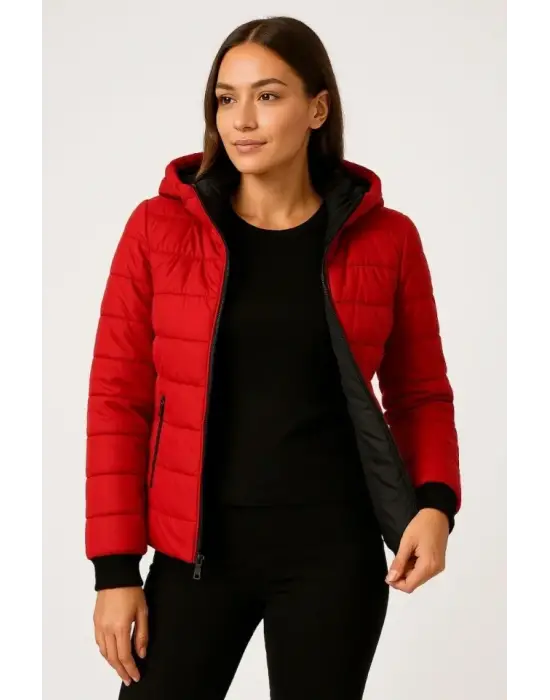 Kırmızı Şişme Kapüşonlu Fermuarlı Mont Kadın Giyim