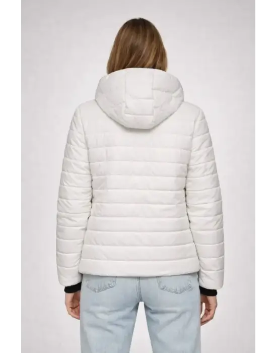 Şişme Kapüşonlu Fermuarlı Mont Su Itici Kapitone Astarlı Kumaş Cepli Kışlık Rahat Kalıp - Krem