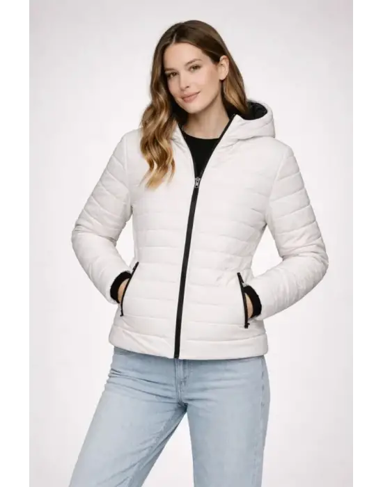 Şişme Kapüşonlu Fermuarlı Mont Su Itici Kapitone Astarlı Kumaş Cepli Kışlık Rahat Kalıp - Krem