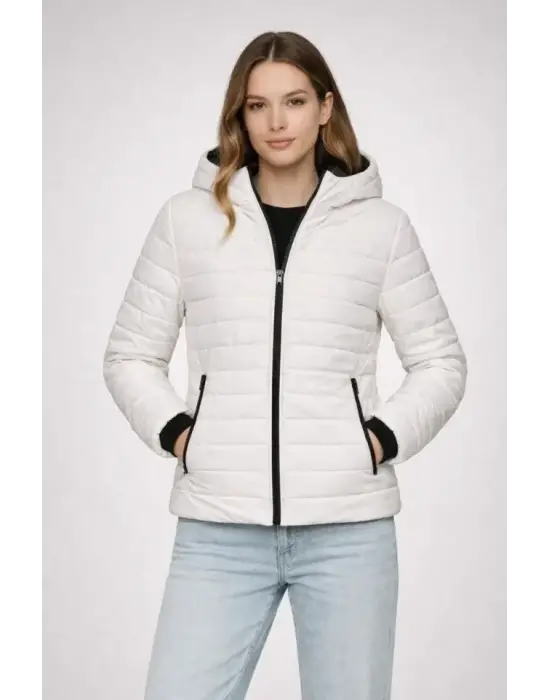 Şişme Kapüşonlu Fermuarlı Mont Su Itici Kapitone Astarlı Kumaş Cepli Kışlık Rahat Kalıp - Krem