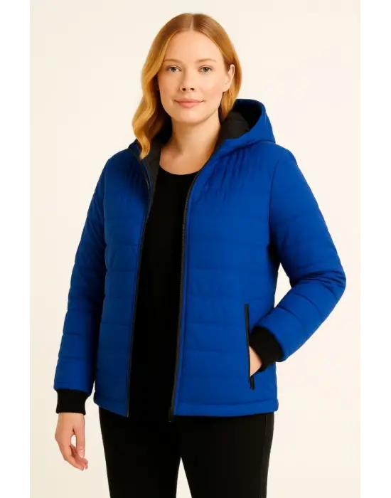 Şişme Kapüşonlu Fermuarlı Mont Su Itici Kapitone Astarlı Kumaş Cepli Kışlık Rahat Kalıp  - Saks Mavisi