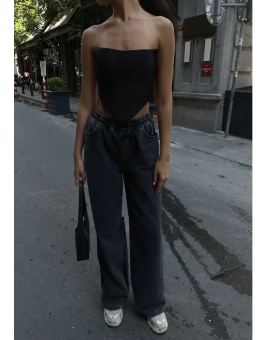 Omarı Siyah Arkadan Yırtmaçlı Palazzo Pantolon