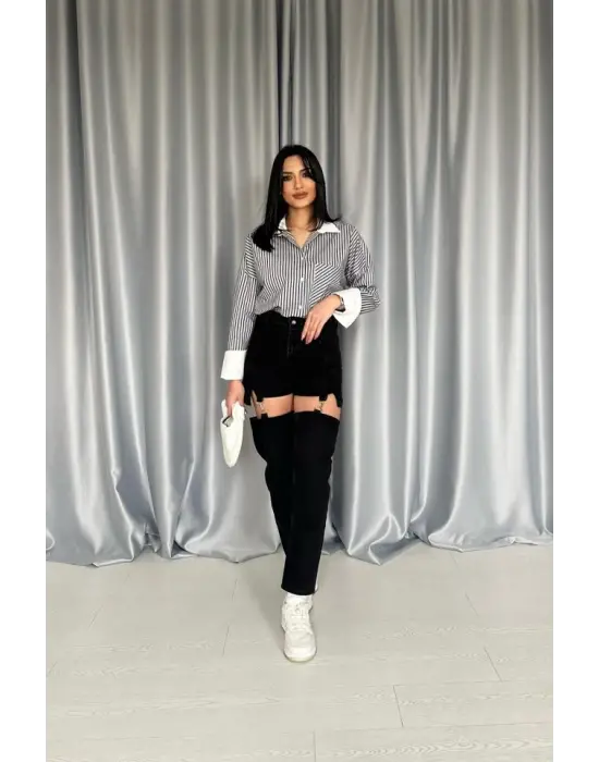 Siyah Askılı İki Parça Jeans Pantolon