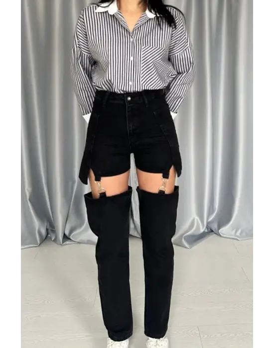 Siyah Askılı İki Parça Jeans Pantolon