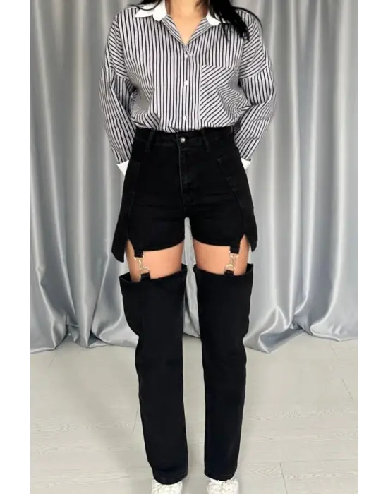 Siyah Askılı İki Parça Jeans Pantolon
