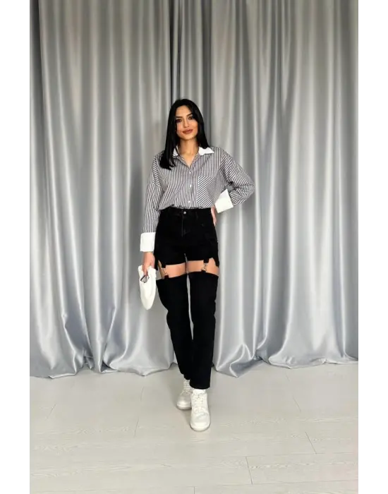 Siyah Askılı İki Parça Jeans Pantolon