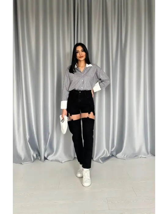 Siyah Askılı İki Parça Jeans Pantolon