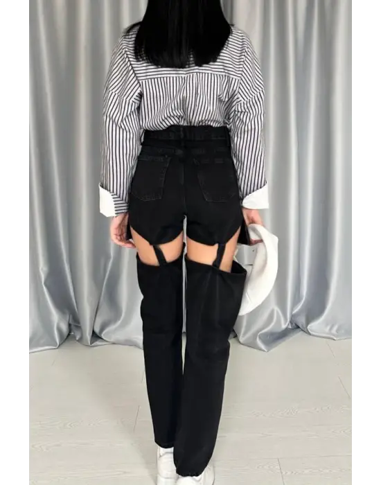 Siyah Askılı İki Parça Jeans Pantolon