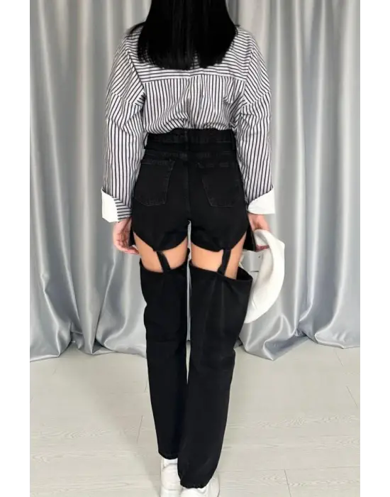 Siyah Askılı İki Parça Jeans Pantolon