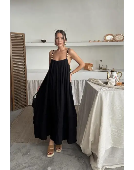 Siyah Askılı Müslin Elbise