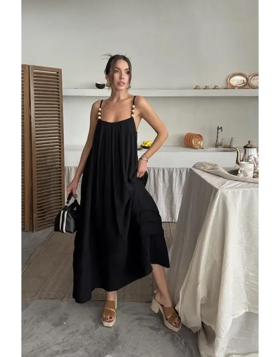 Siyah Askılı Müslin Elbise
