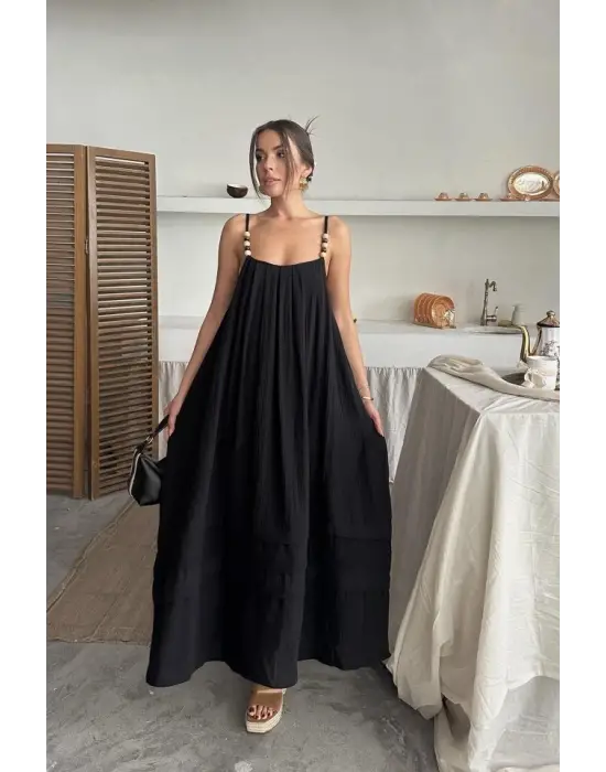 Siyah Askılı Müslin Elbise