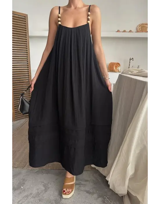 Siyah Askılı Müslin Elbise