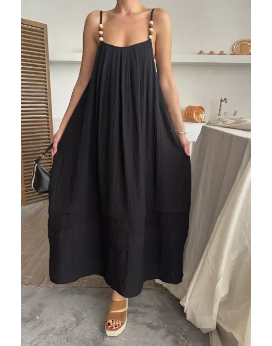 Siyah Askılı Müslin Elbise