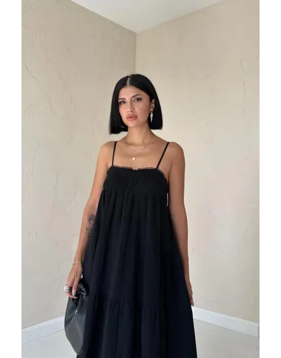 Siyah Askılı Parçalı Müslin Elbise