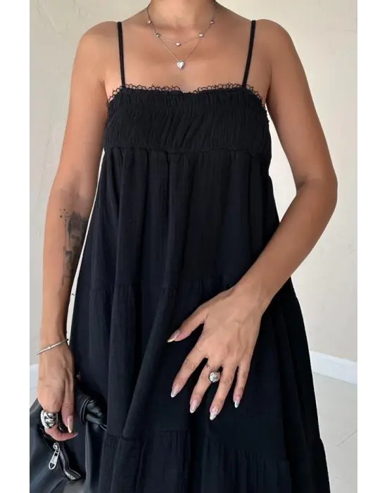 Siyah Askılı Parçalı Müslin Elbise